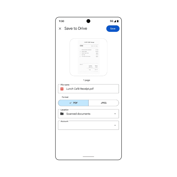 Google Drive's Save to Drive screen with PDF selected as the scan format.