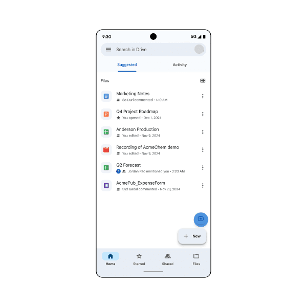 Google Drive on Android with the blue document-scanner camera button at lower right.