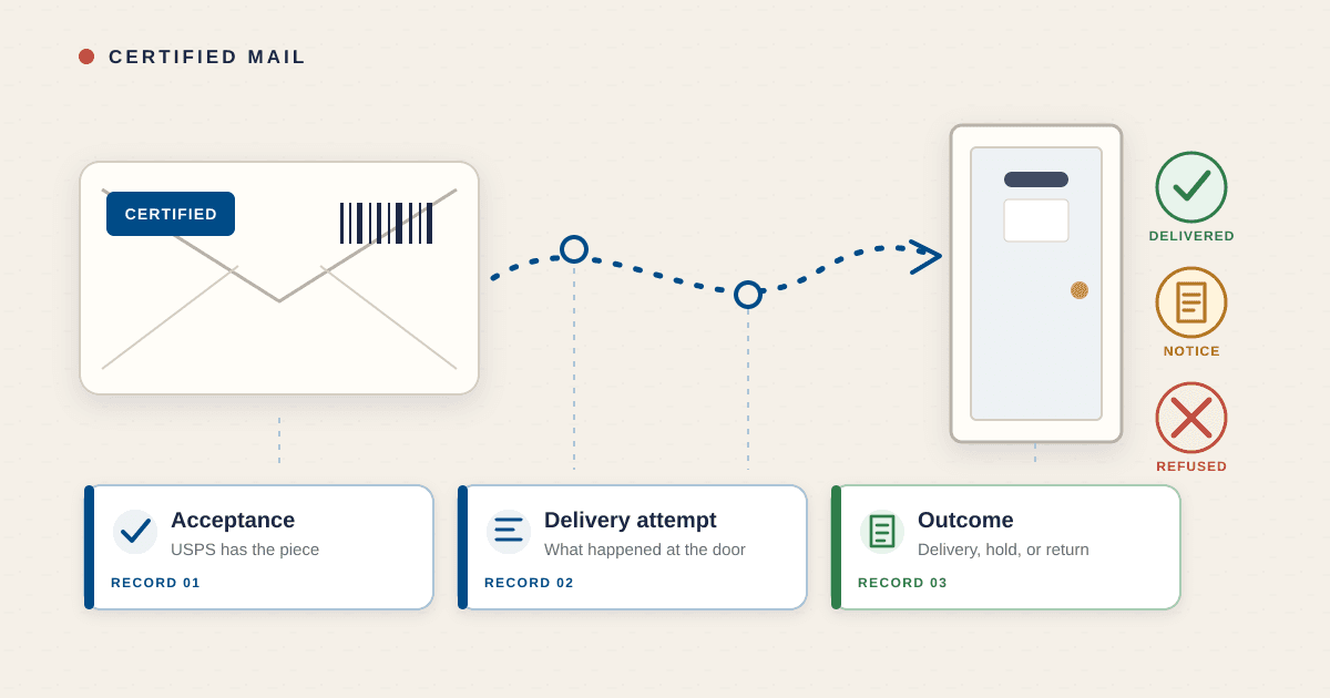 Editorial illustration of a certified envelope moving through ordinary mail while USPS acceptance, delivery-attempt, and outcome records accumulate beside it.