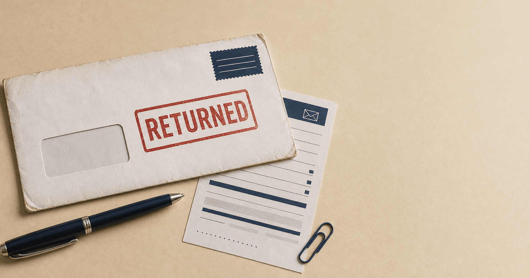 Returned business envelope and mailing receipt on a cream desk, marked Returned in red.