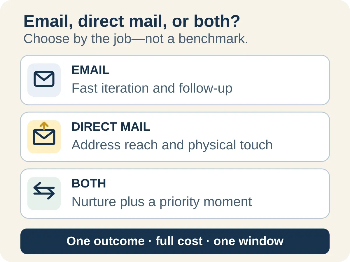 Decision guide showing when to use email, direct mail, or both channels together.