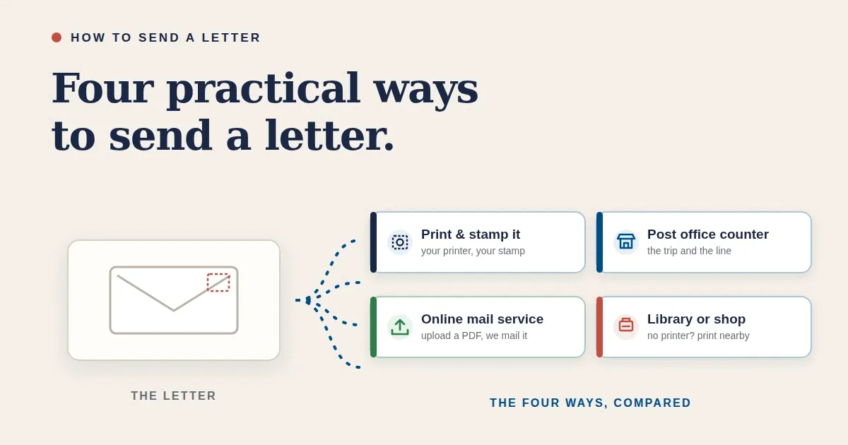 Illustration of a letter with four paths out: print and stamp it yourself, take it to the post office counter, use an online mail service, or print at a library or shop and then mail it.