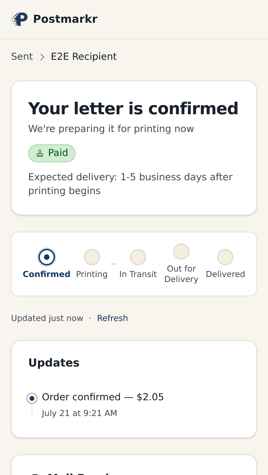 Postmarkr's mobile status page showing a letter confirmed and being prepared for printing.