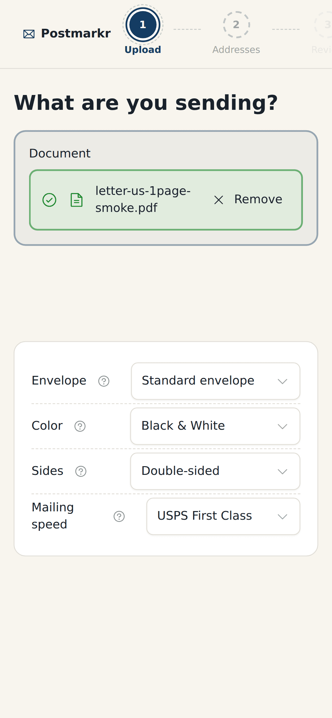 Postmarkr's mobile upload step showing a one-page PDF ready to send.