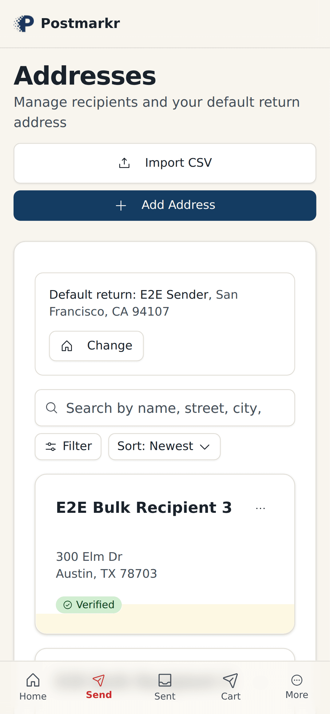 Postmarkr's mobile address book showing a synthetic recipient marked Verified.