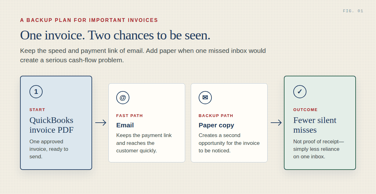 Diagram showing a QuickBooks invoice sent by email with a paper-copy backup, leading to fewer silent misses.