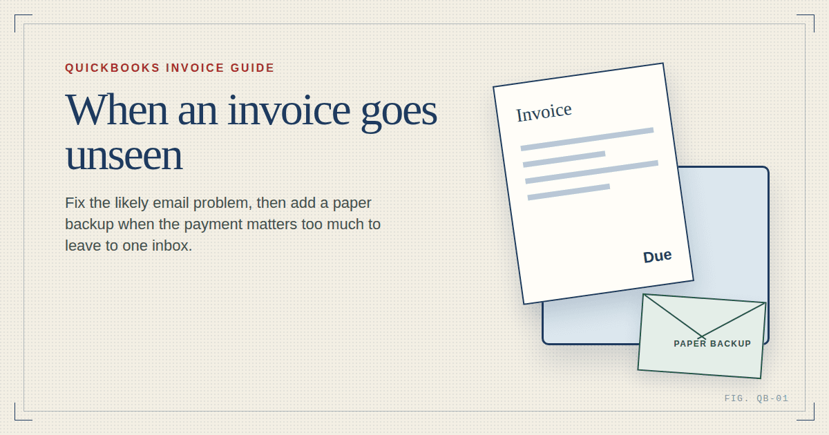 An invoice slipping toward a spam folder beside an envelope labeled paper backup.