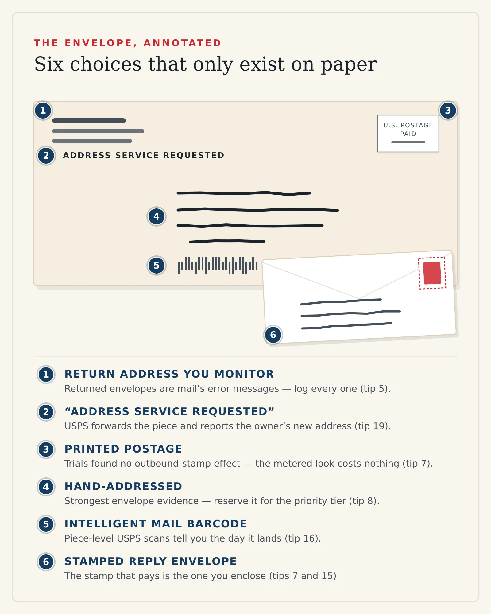 Annotated outgoing envelope for a search fund owner letter with numbered markers at the return address, Address Service Requested endorsement, printed postage, hand-addressed recipient block, Intelligent Mail barcode, and an enclosed stamped reply envelope.