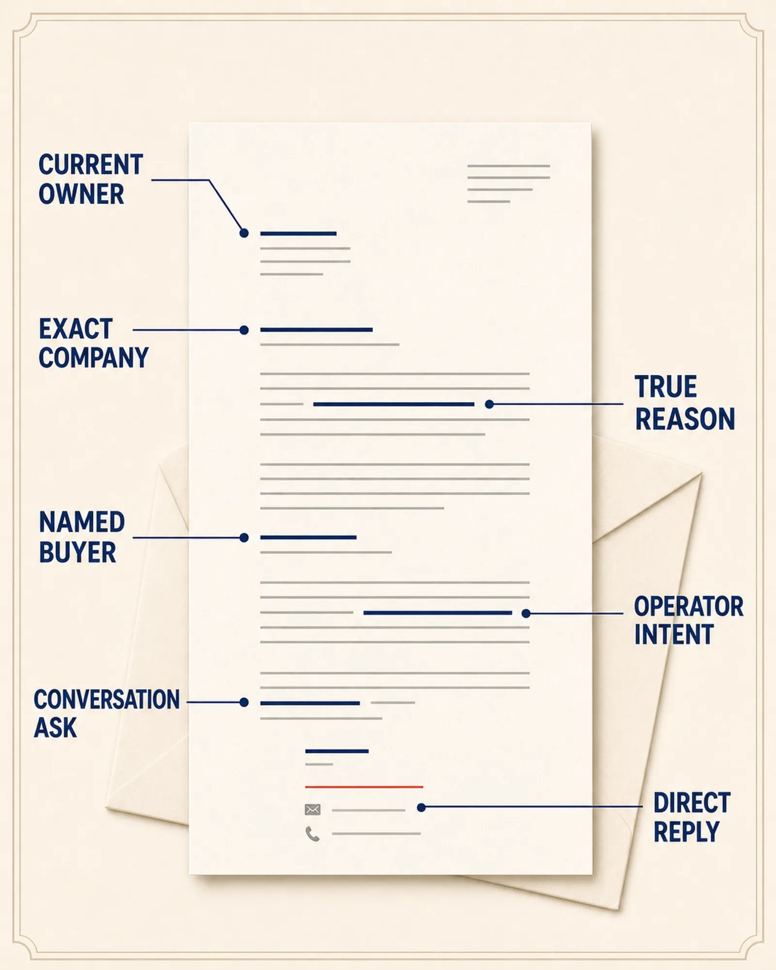 Synthetic owner letter annotated at current owner, exact company, true reason, named buyer, operator intent, conversation ask, and direct reply.