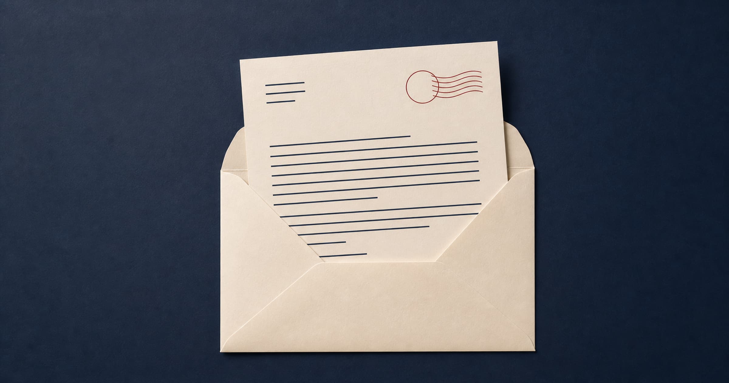 Open cream envelope revealing a search fund owner letter on a navy desk.
