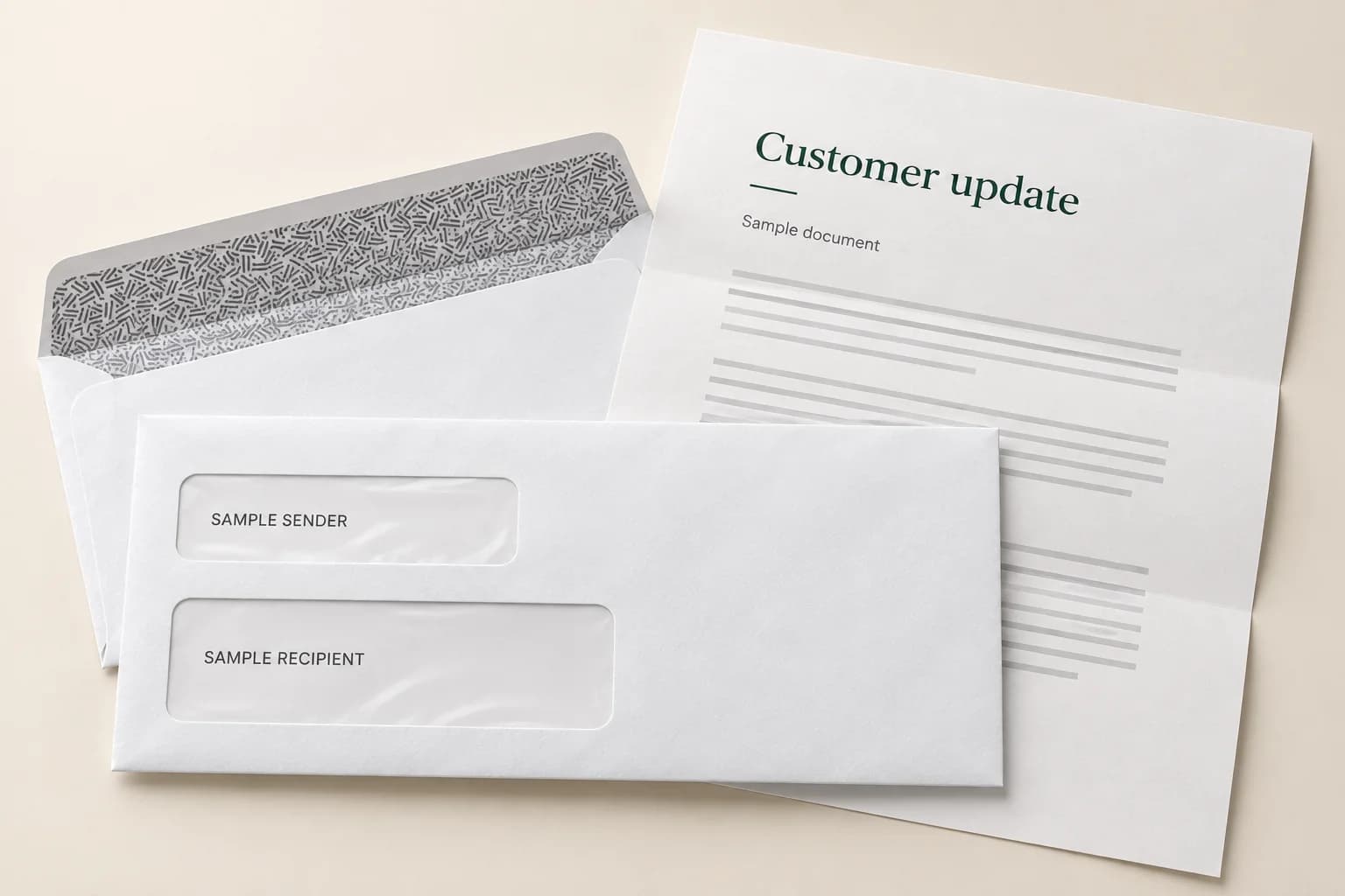 Sample business letter with a double-window envelope and an open envelope showing its security lining