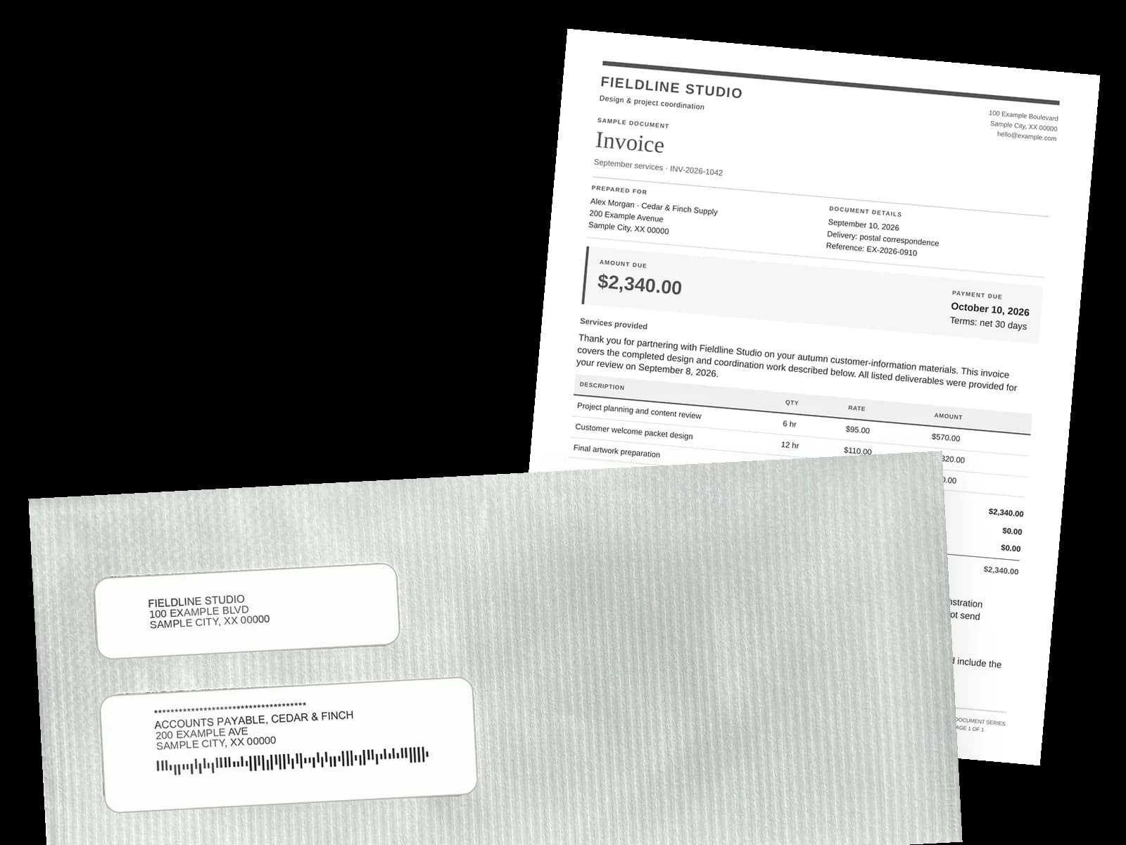 A sample invoice behind a #10 double-window envelope. The windows show the sender's and the customer's addresses from the address page we add.