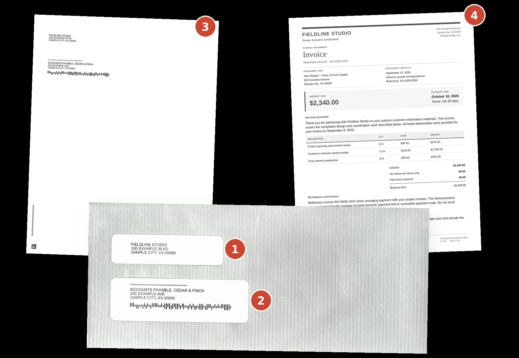 The address page, a sample invoice and the #10 double-window envelope, numbered 1 to 4 to match the list beside it.