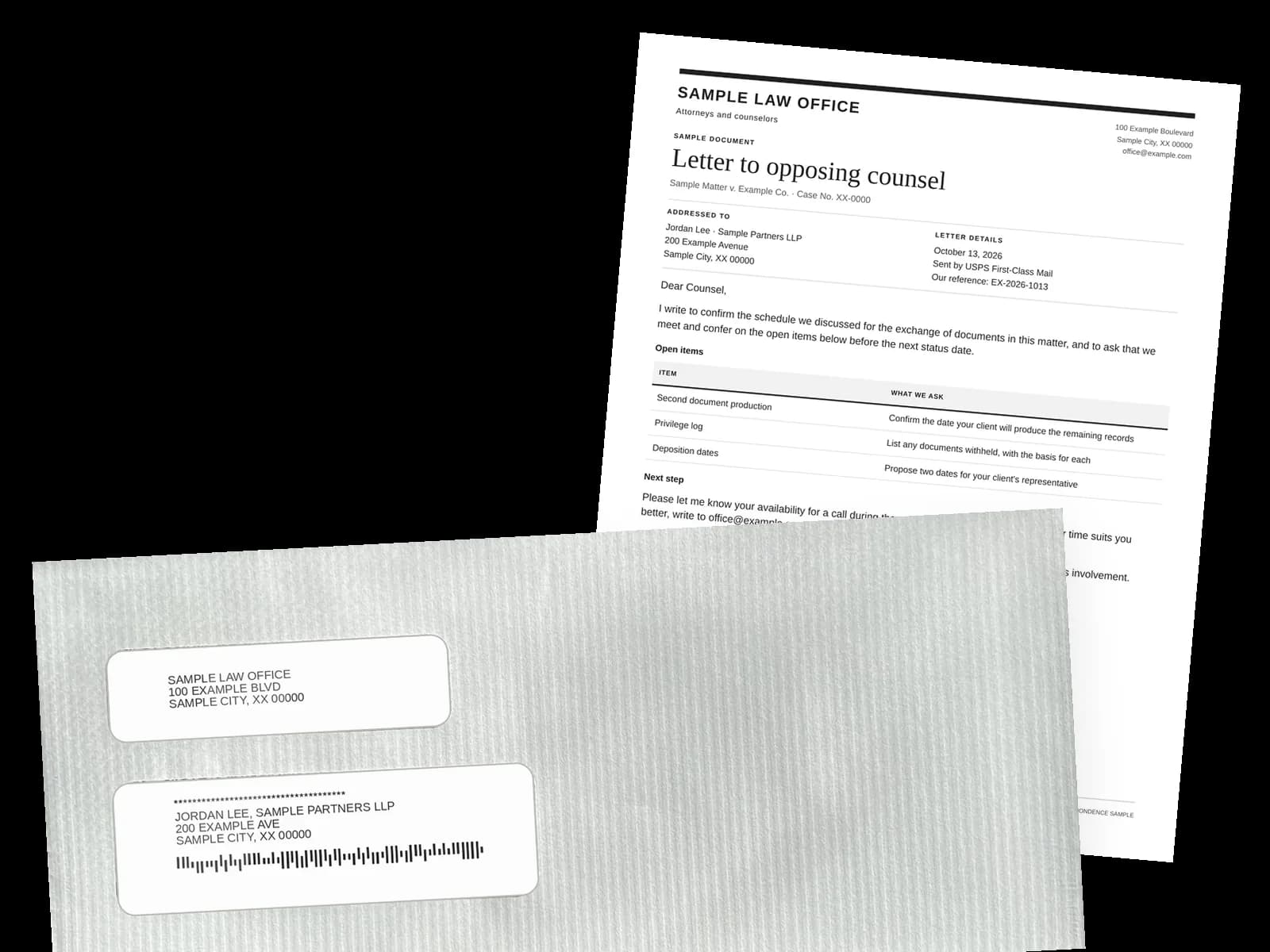 A sample letter behind a #10 double-window envelope. The windows show the sender's return address and the recipient's address, printed on the address page we add.
