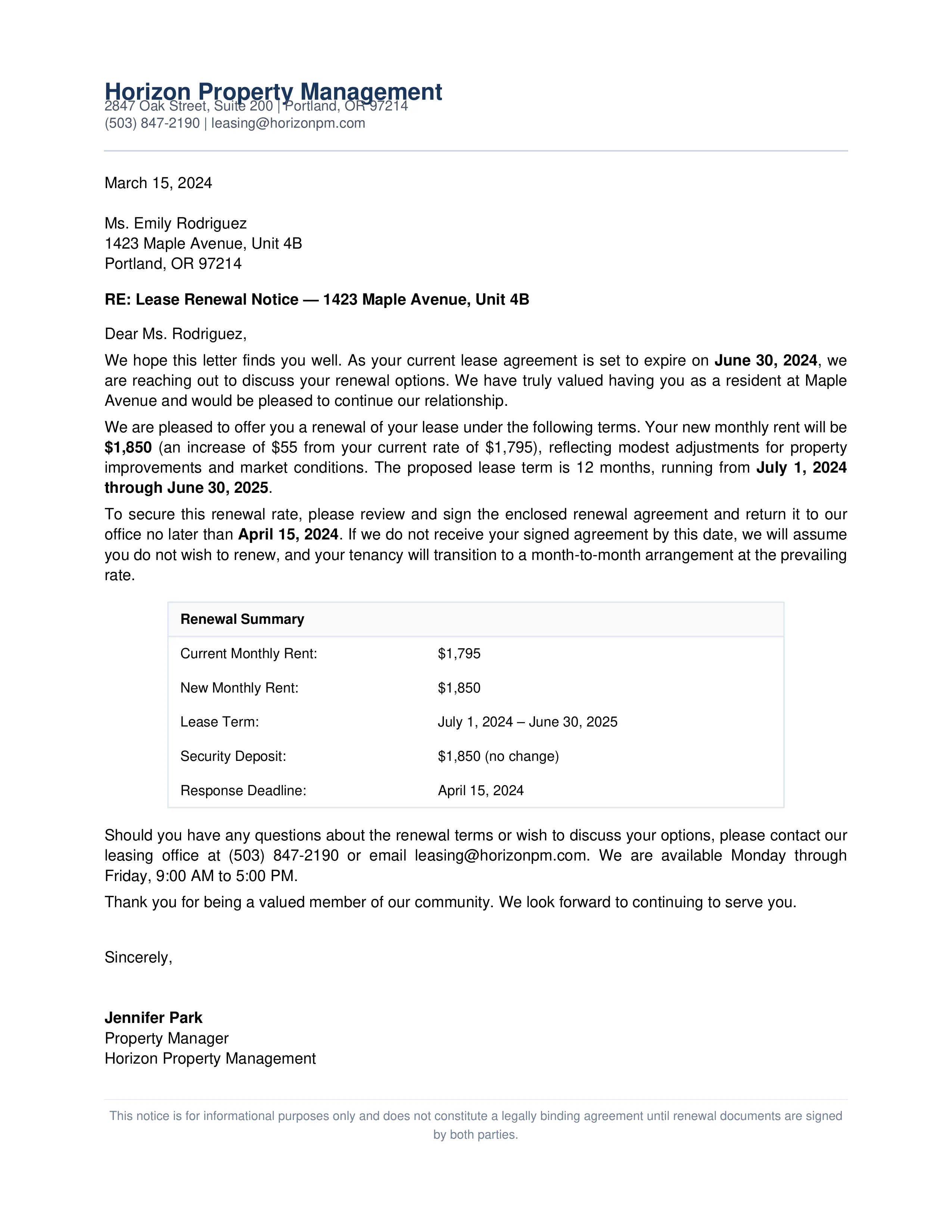 Lease renewal notice ready for USPS delivery