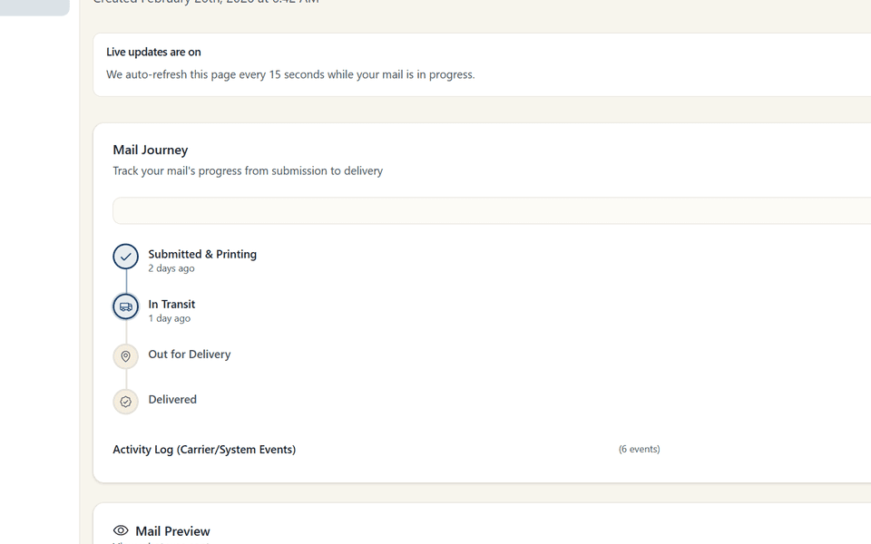 Postmarkr mail detail showing available USPS scan updates