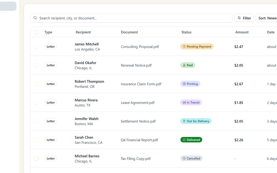 Postmarkr mail list showing processing status for legal letters