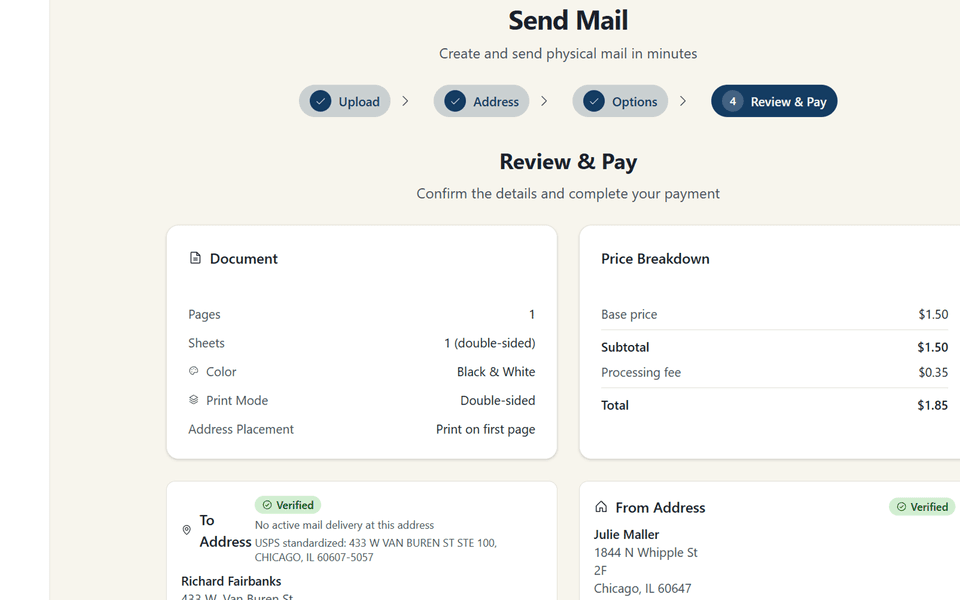 Postmarkr review step showing letter preview before sending patient correspondence