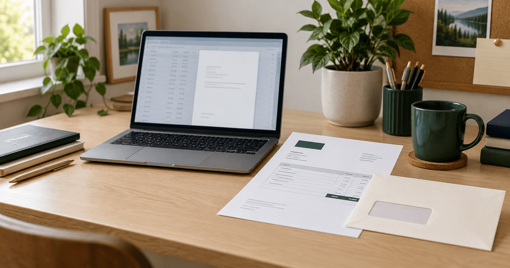 Laptop with an illustrative accounting screen beside a printed invoice and window envelope.