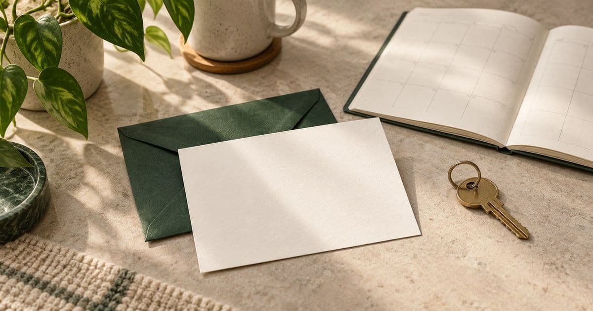 Editorial illustration of a blank letter and envelope beside a key and unnumbered calendar.