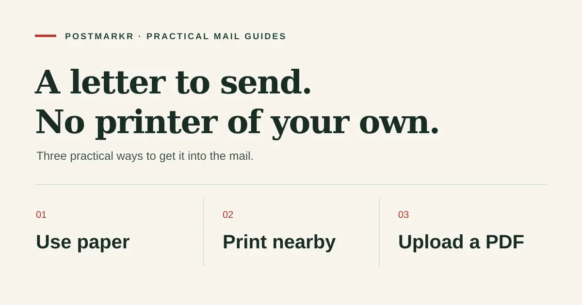 Three ways to mail a letter without your own printer: use finished paper, print nearby, or upload a PDF.