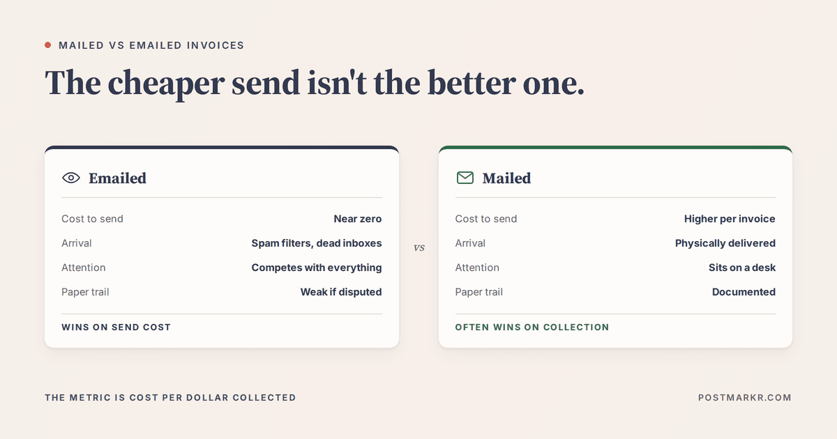 Side-by-side comparison of emailed and mailed invoices across cost to send, whether they arrive, the attention they get, and the strength of the paper trail.