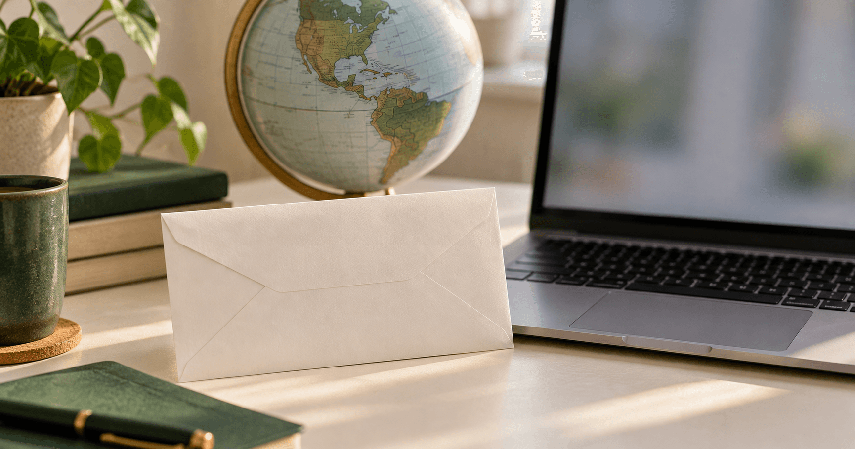 Envelope beside a laptop and globe showing North America.