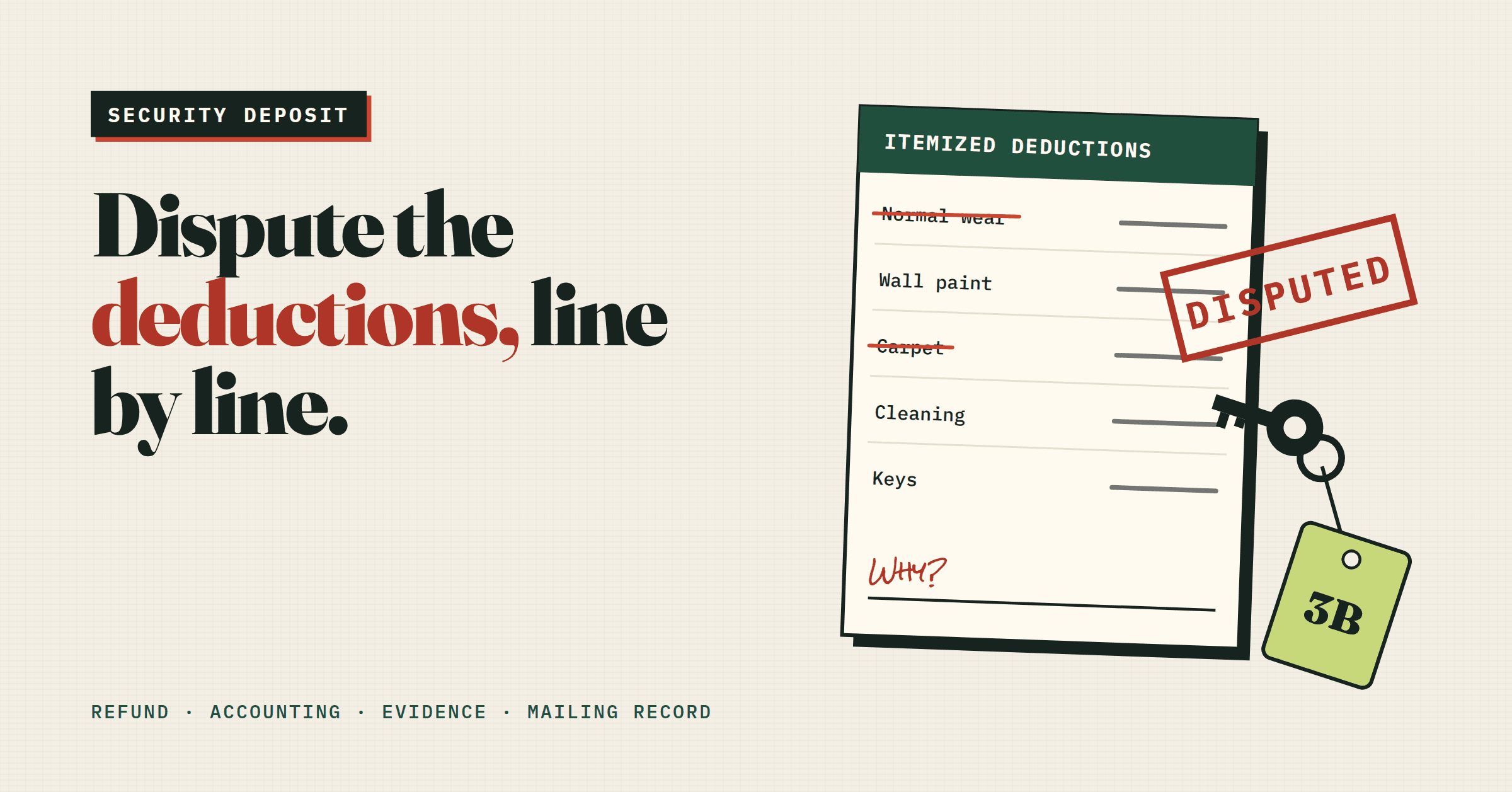 Illustration of an itemized deductions list with two items struck out, a red DISPUTED stamp and an apartment key tag marked 3B.