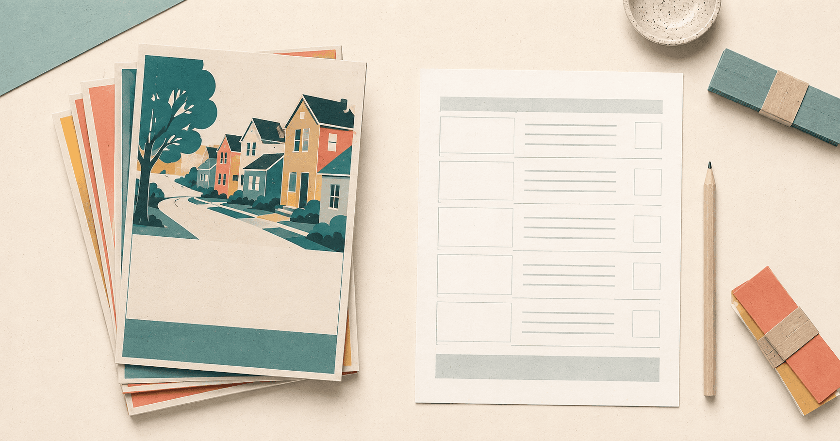 Illustrated neighborhood mailers beside a blank quote worksheet and bundled paper on a cream surface.