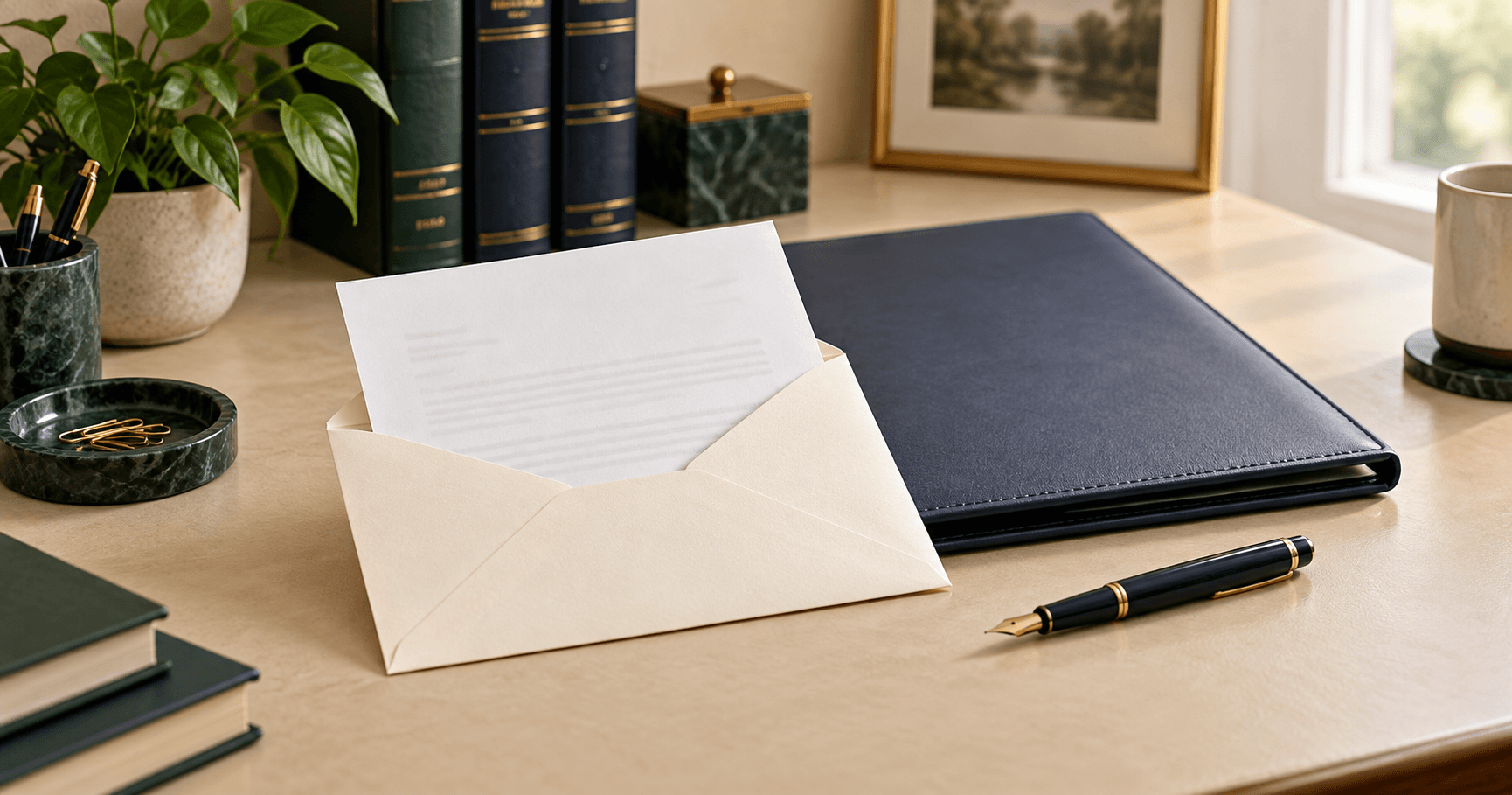 Business letter in an envelope beside a navy case folder and fountain pen.