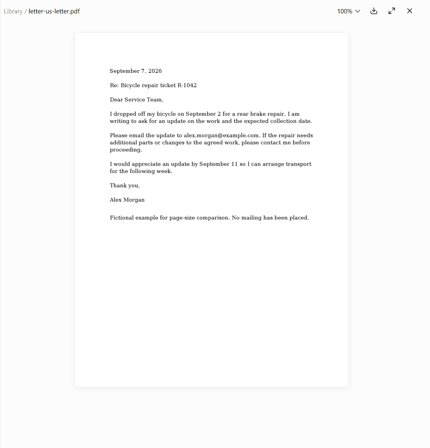ChatGPT’s file preview showing letter-us-letter.pdf and the Download arrow at the top right.