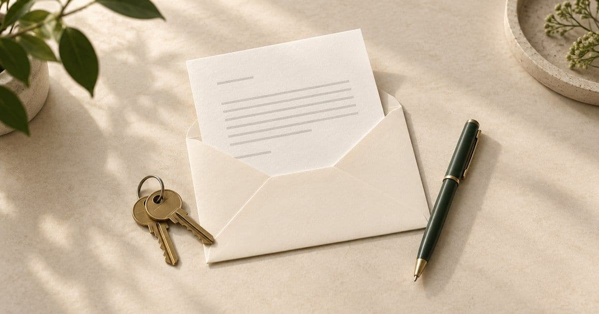 Illustration of a letter in an envelope beside house keys and a green pen.