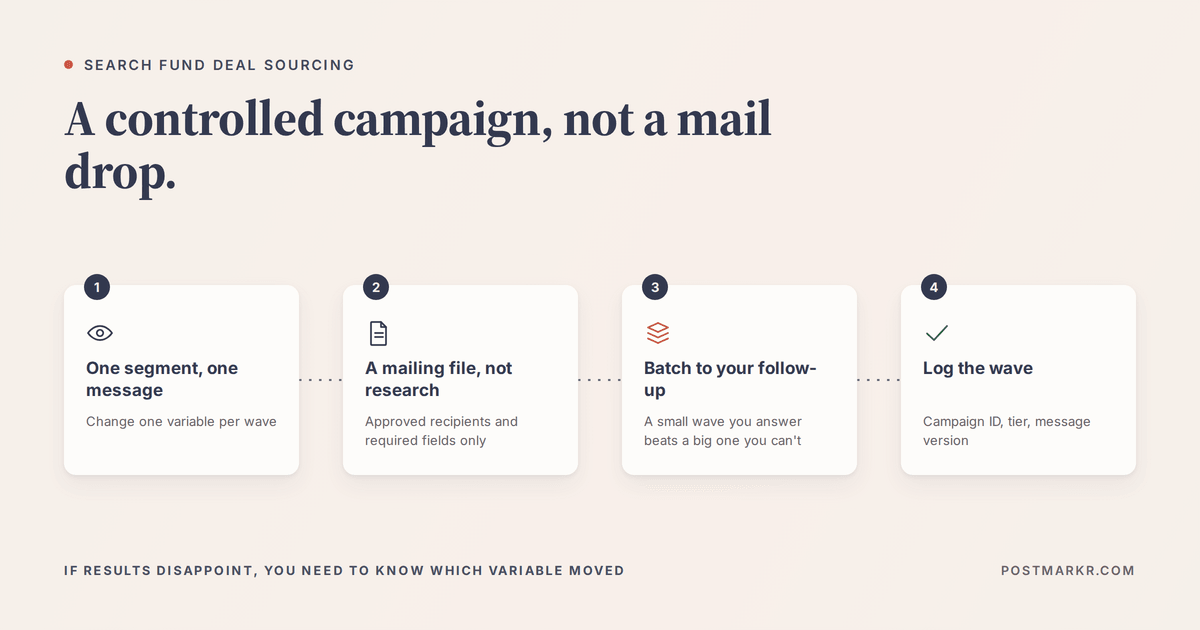 Search fund mail campaign: test one segment and message, use approved recipients, size each batch to follow-up capacity, and log the campaign ID, tier and message version.