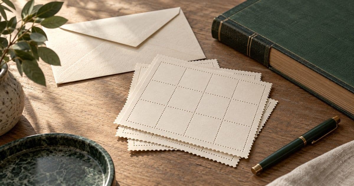Editorial illustration of blank perforated stamp sheets beside an envelope and archival ledger.