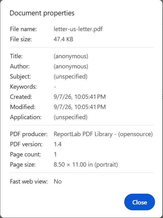 Chrome Document properties for the actual ChatGPT download: page count 1 and page size 8.50 by 11.00 inches, portrait.