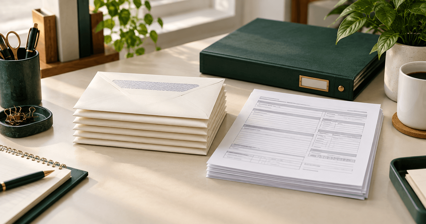 Stack of security envelopes beside illustrative payroll forms and a green folder.