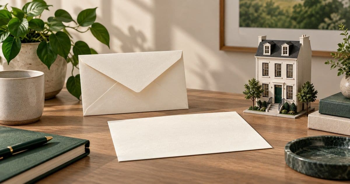 Editorial illustration of a blank letter and envelope beside a model townhouse.