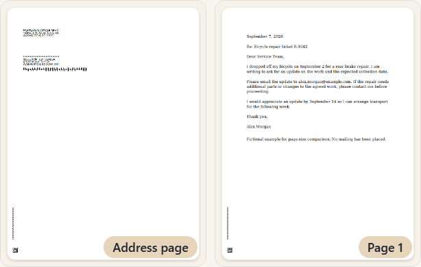 Postmarkr’s Review screen thumbnails labeled Address page and Page 1, showing the added mailing-address page before the letter.