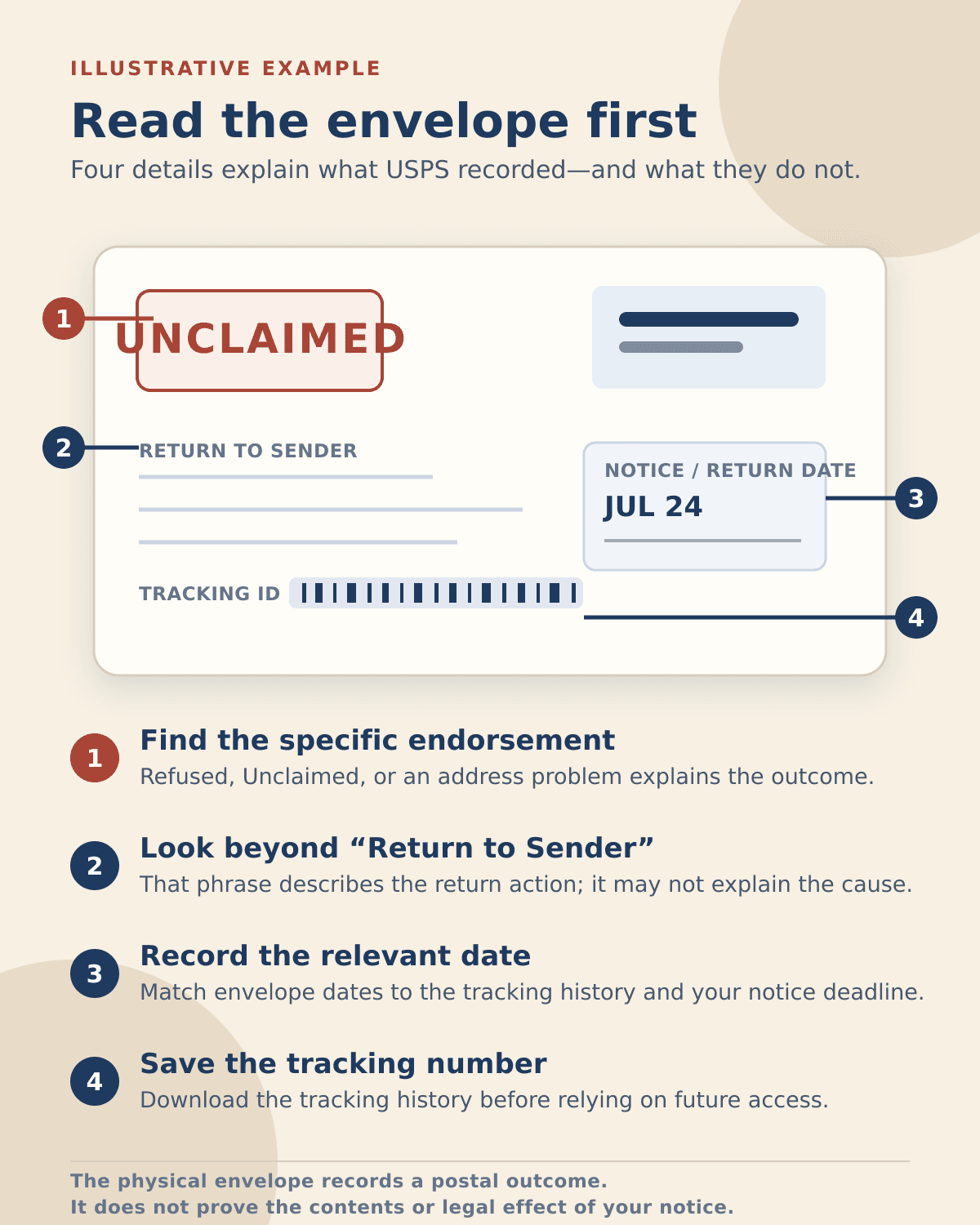 Illustrated returned-mail envelope with callouts for the specific endorsement, Return to Sender phrase, notice or return date, and tracking number.