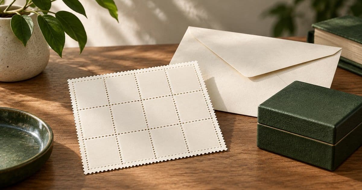 Editorial illustration of a blank perforated stamp sheet beside an envelope and keepsake box.