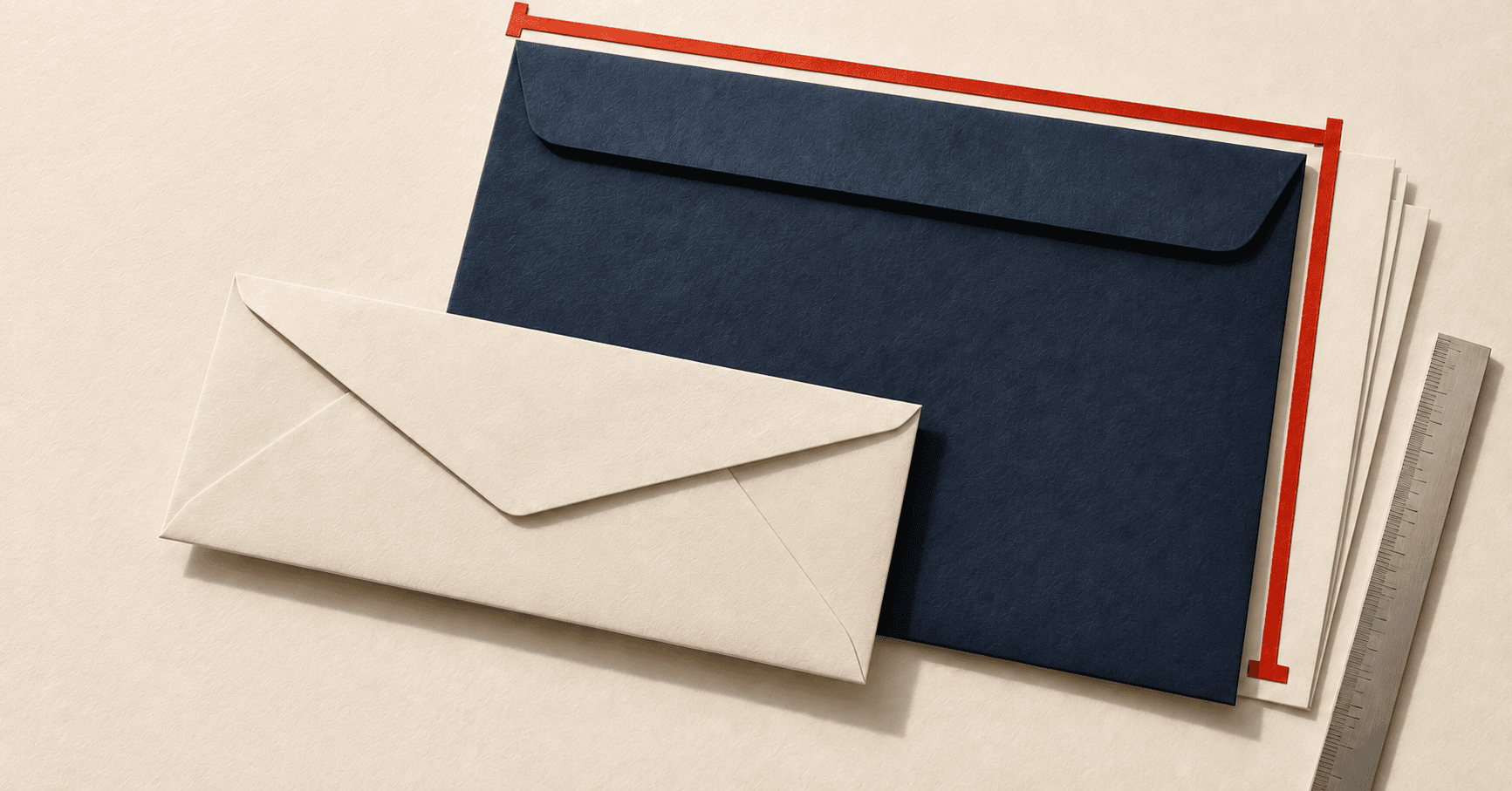 A narrow cream envelope overlaps a larger navy document envelope beside red measurement brackets and a ruler.