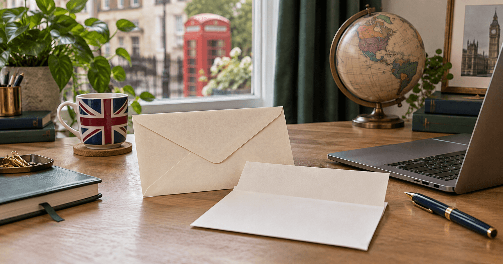 Letter and envelope beside a laptop in a British home office.