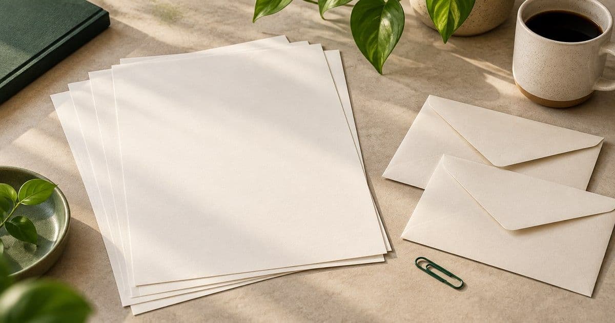 Editorial illustration of blank document sheets beside two envelopes and a green paper clip.
