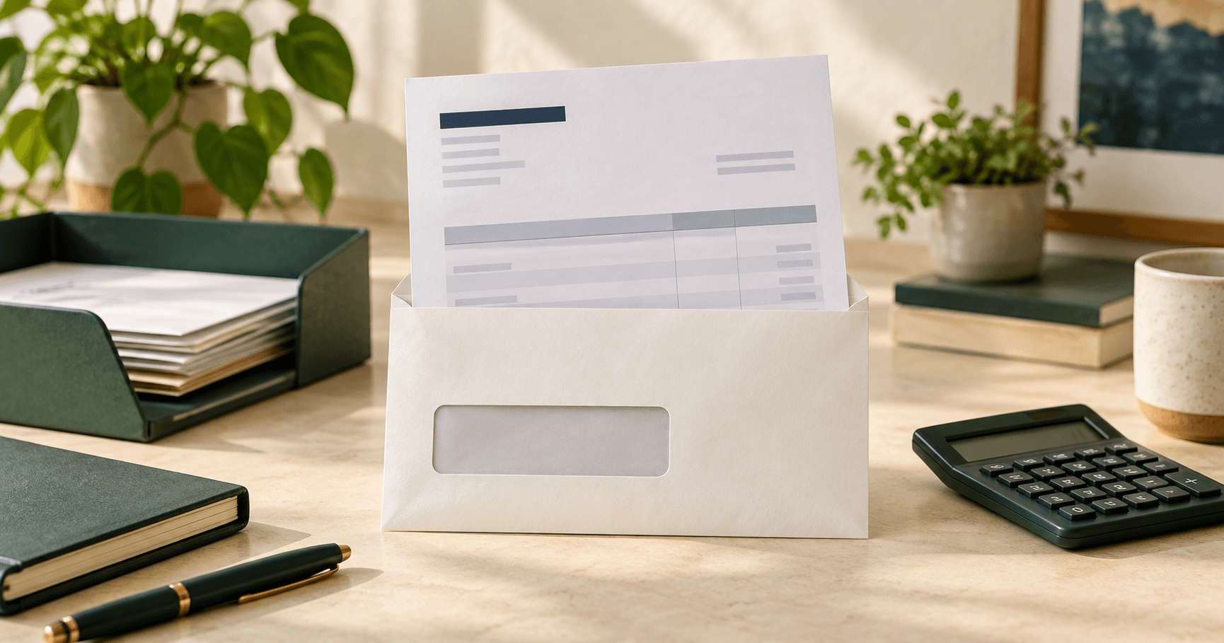 Printed invoice partially inserted into a window envelope beside a calculator.
