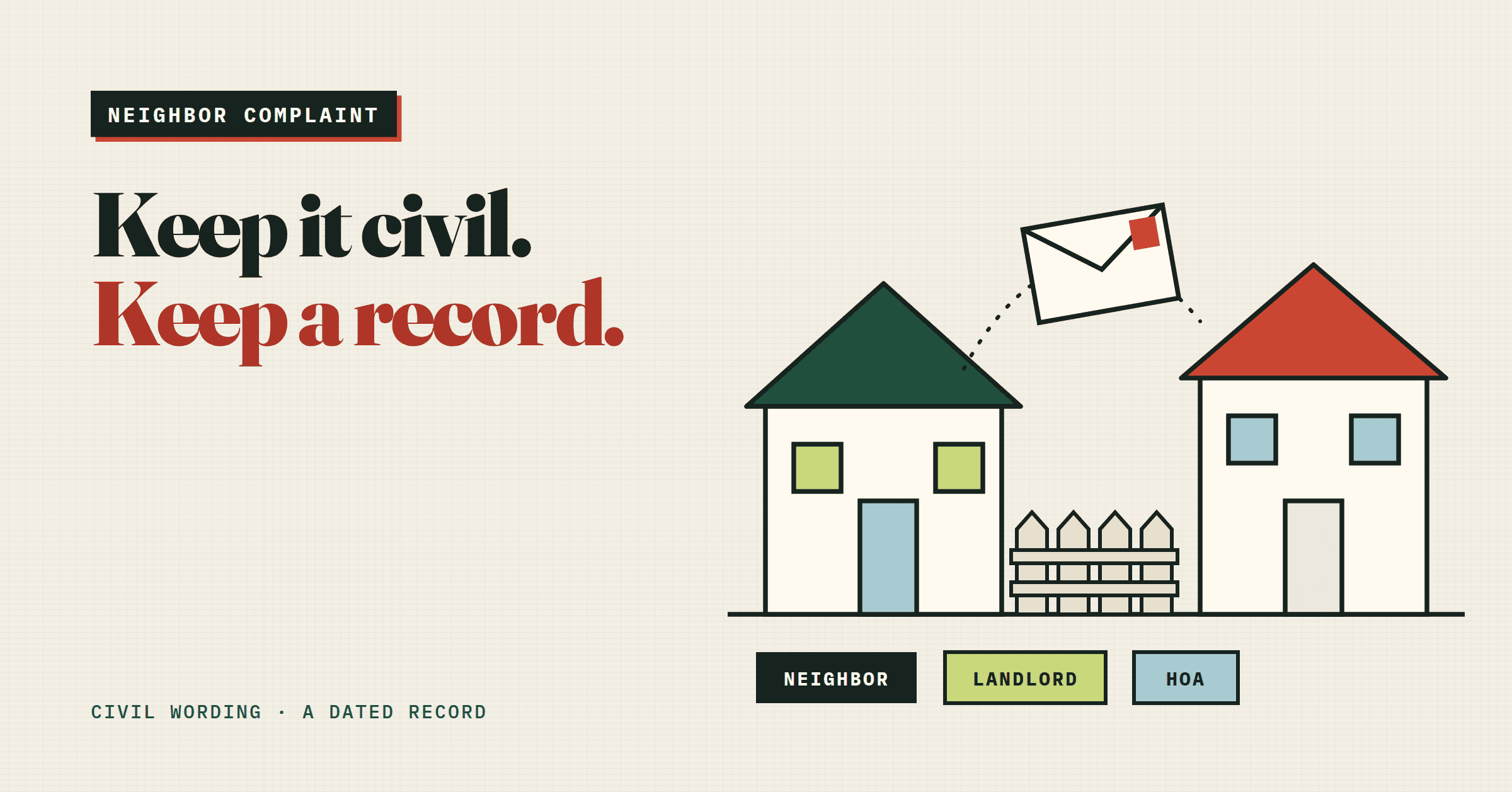 Illustration of a letter passing over a fence between two houses, with tags for the three versions: neighbor, landlord and HOA.