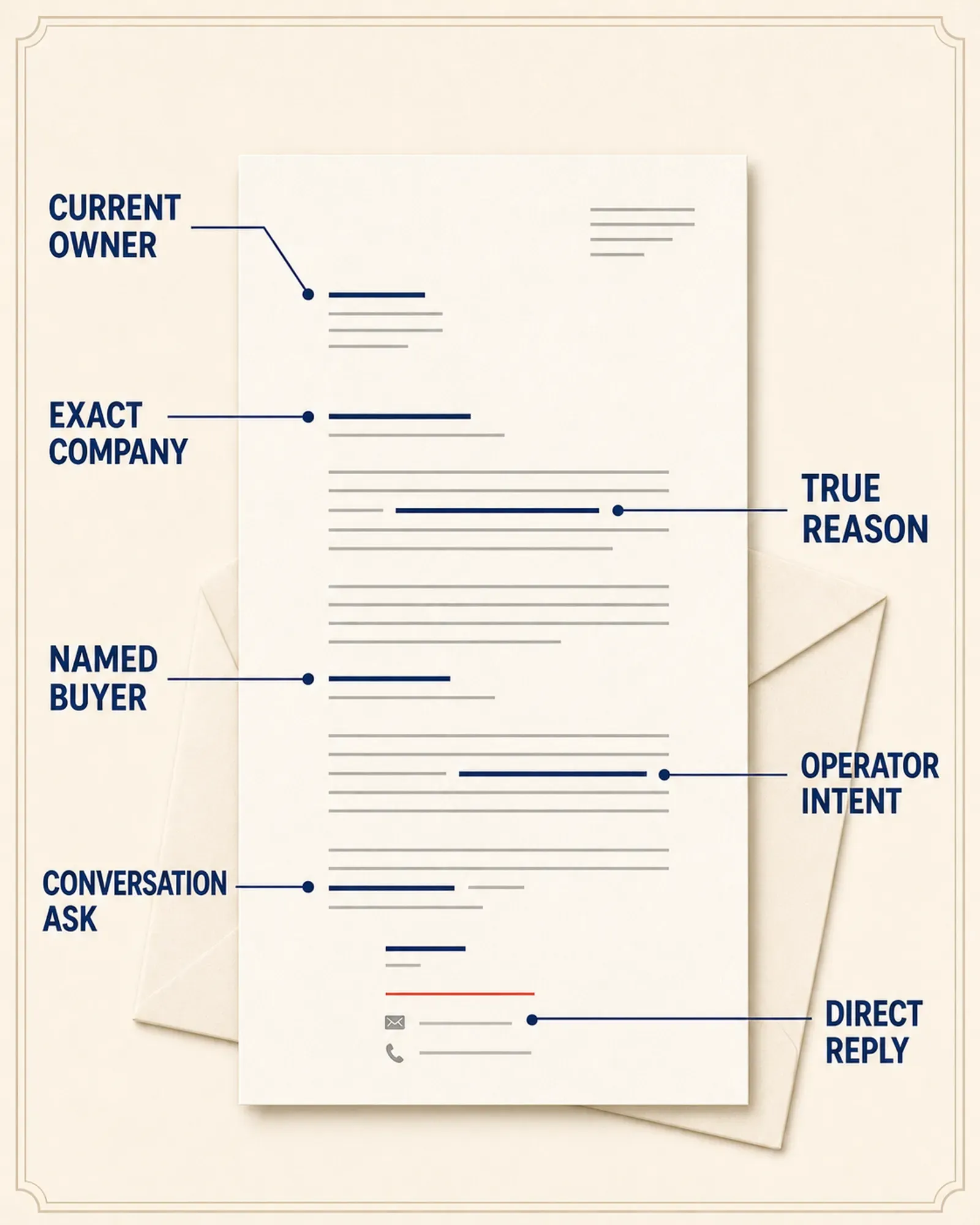 Synthetic owner letter annotated at current owner, exact company, true reason, named buyer, operator intent, conversation ask, and direct reply.