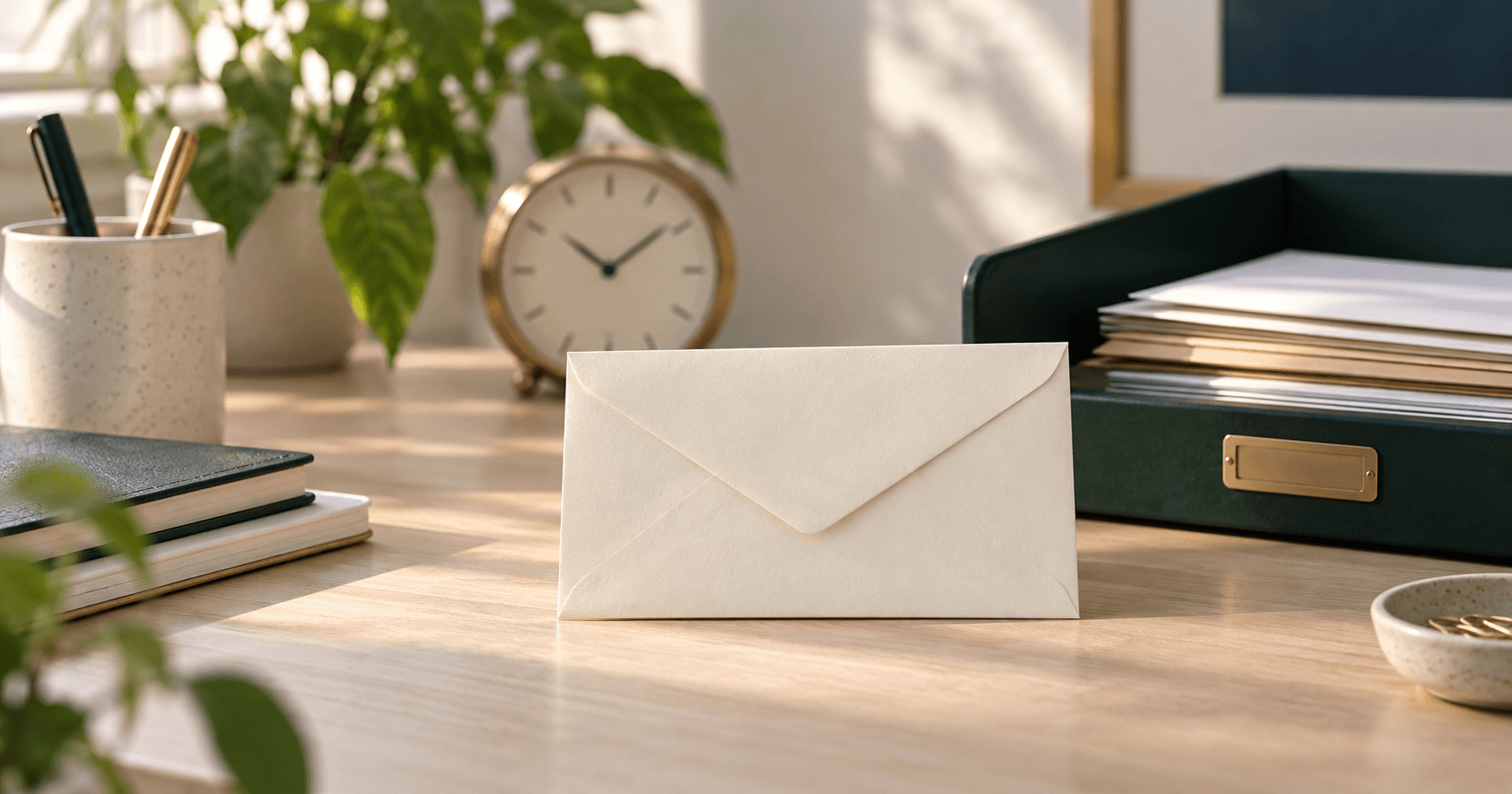 Envelope on a desk beside an analog clock and mail tray.