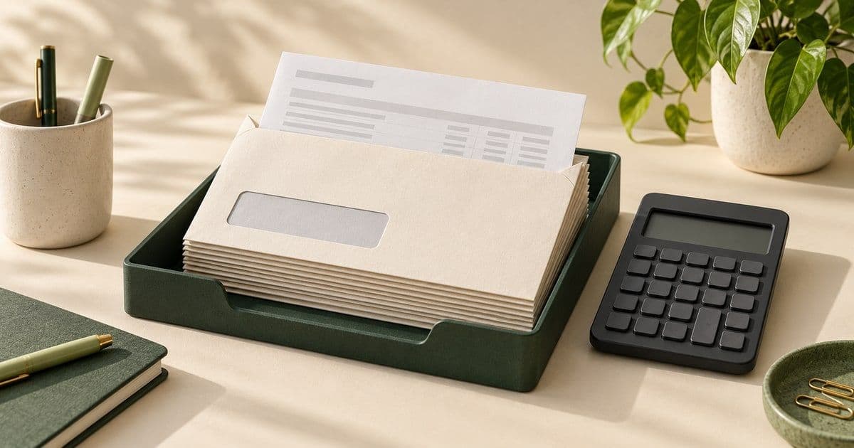Editorial illustration of an envelope tray and paper records beside a calculator.