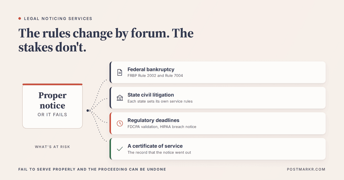 Legal notice requirements across federal bankruptcy, state civil litigation and regulatory deadlines, with a certificate of service recording that the notice went out.